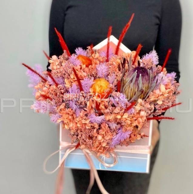 Composition of dried hydrangea and protea flowers #B5876