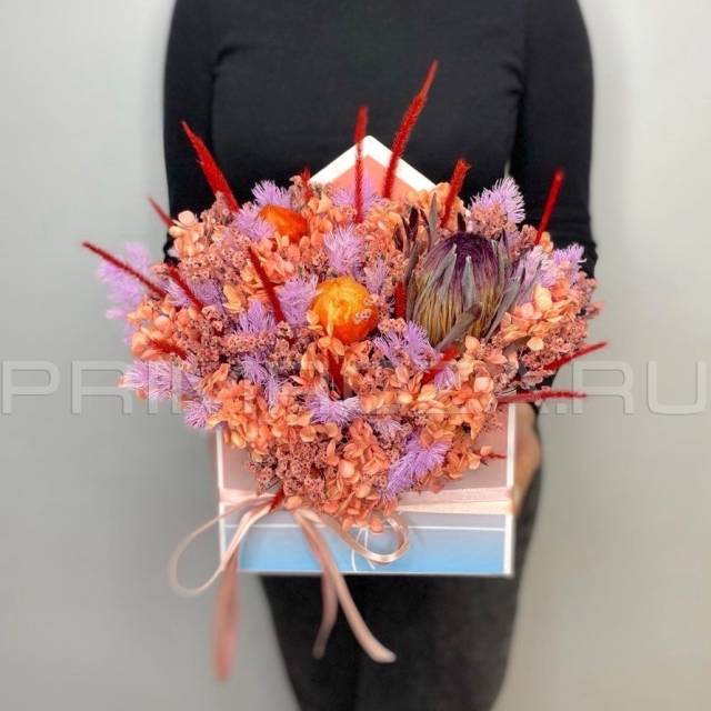 Composition of dried hydrangea and protea flowers #B5876