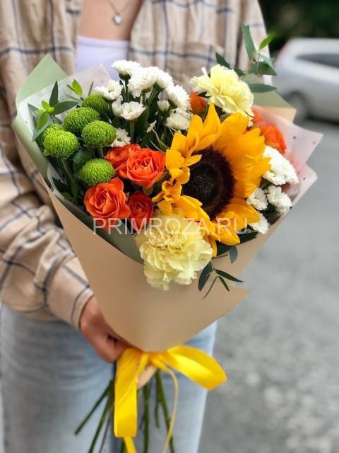 Букет с подсолнухом и хризантемами #A6645