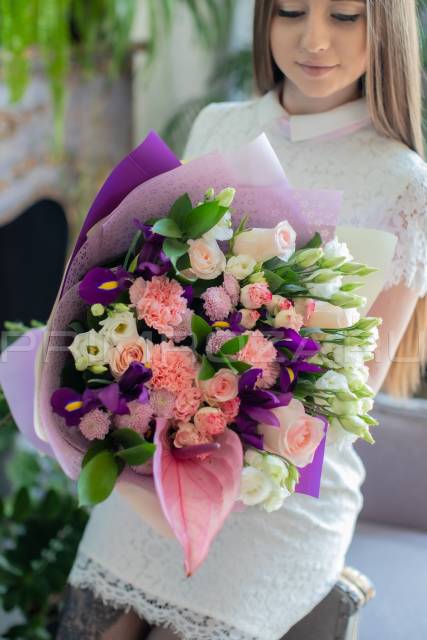 Prefabricated bouquet with irises and anthurium #A7804 