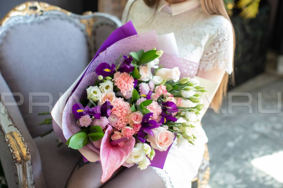 Prefabricated bouquet with irises and anthurium #A7804 